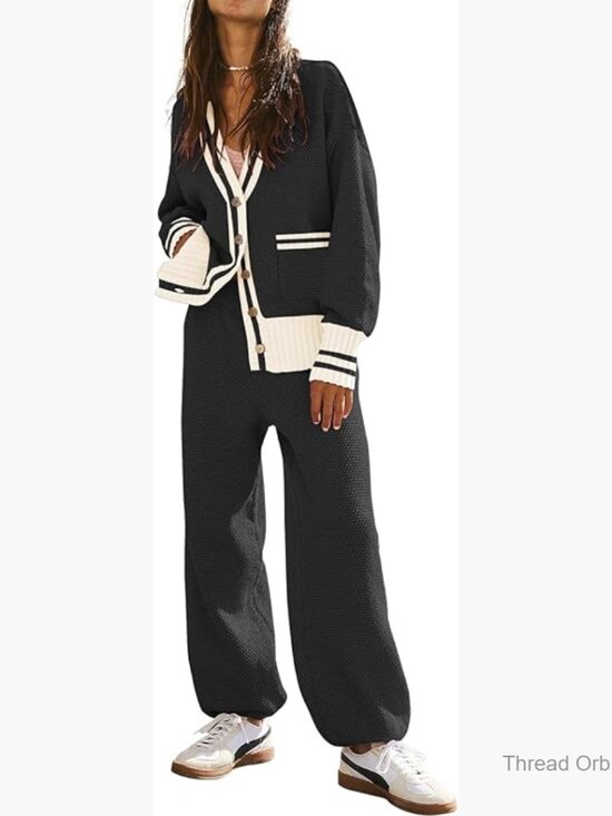 Soft V-Neck Cardigan Lounge Set, Long Sleeve Button-Down with Pants